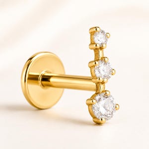 ASTM F136 Titanium Triple CZ Ear Climber Flat Back Earring, Threadless Push-In Labret, Gold Silver 16G 18G 20G Helix Tragus Conch Stud