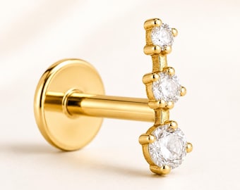 Titanium Triple CZ Ear Climber, Threadless Flat Back Earring, Gold or Silver, 16G 18G 20G Cartilage Helix Tragus Conch