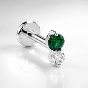 Titanium Flat Back Emerald CZ Labret Stud Earring, Two Stone Helix Conch Tragus Cartilage