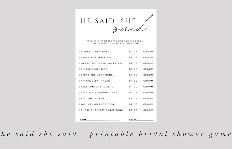 He Said, She Said Game | Printable Bridal Shower Game | Easy to ...