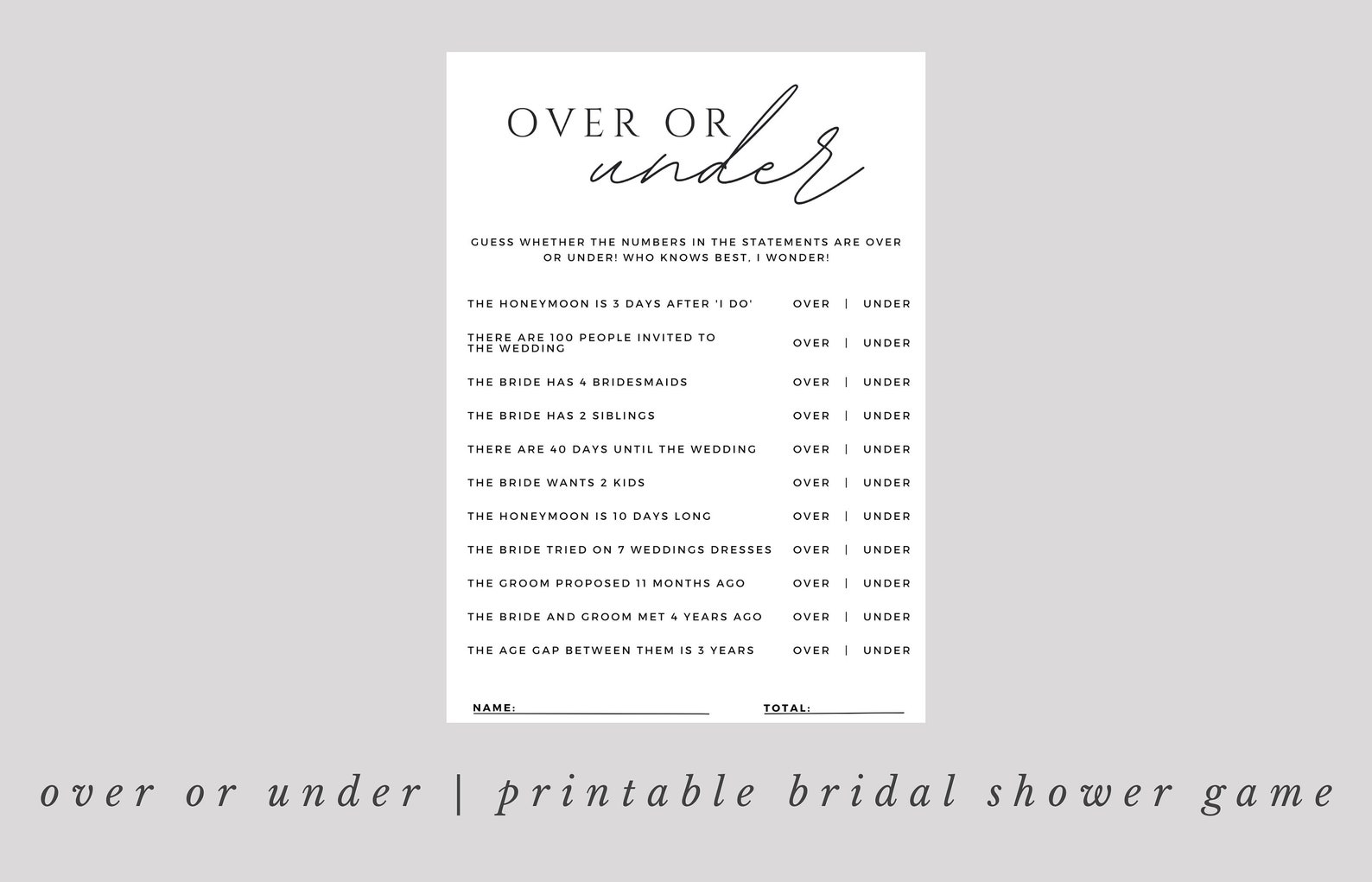 Over or Under Game | Printable Bridal Shower Game | Easy to Download ...