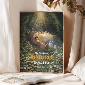 My Neighbor Totoro inspired anime movie poster showing a whimsical forest spirit alongside children in a serene rural landscape, evoking themes of childhood wonder, nature, and quiet magic in a cinematic illustration style.