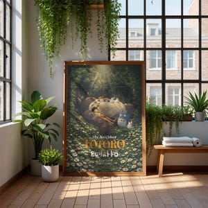 K&ouml;nnte beinhalten: Ein gerahmtes Poster des Zeichentrickfilms "Mein Nachbar Totoro" mit den Charakteren Totoro, Mei und anderen Waldgeistern. Das Poster befindet sich in einem Holzrahmen und lehnt an einer Wand. Das Poster ist von Pflanzen und nat&uuml;rlichem Licht umgeben.