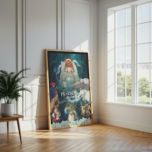 K&ouml;nnte beinhalten: Ein gerahmtes Poster mit Charakteren aus dem Zeichentrickfilm "Prinzessin Mononoke". Das Kunstwerk zeigt eine zentrale Figur mit einem Wolf, umgeben von anderen Charakteren und Kreaturen in einer Waldkulisse. Das Poster hat einen Holzrahmen.