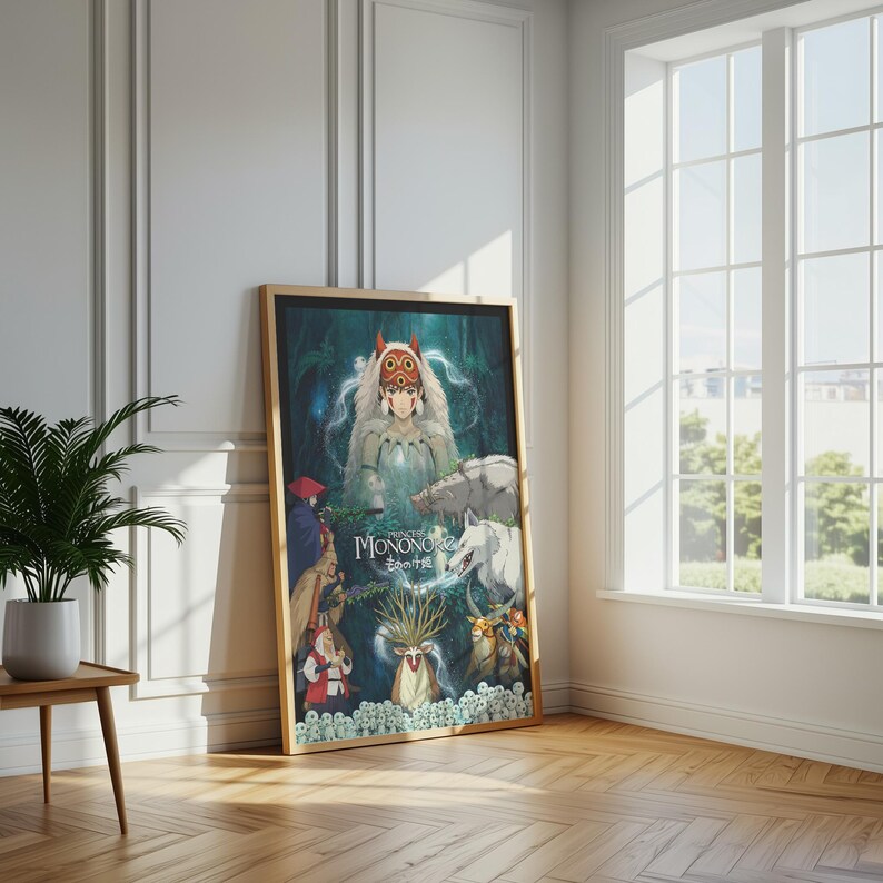 K&ouml;nnte beinhalten: Ein gerahmtes Poster mit Charakteren aus dem Zeichentrickfilm "Prinzessin Mononoke". Das Kunstwerk zeigt eine zentrale Figur mit einem Wolf, umgeben von anderen Charakteren und Kreaturen in einer Waldkulisse. Das Poster hat einen Holzrahmen.