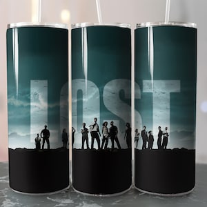 May include: Three stainless steel tumblers with a teal background and the word "LOST" in white letters. The characters from the TV show "Lost" are silhouetted in front of the word.