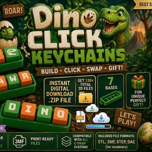 Dino Click Keychain 3MF STL File | 3D Print File Instant Download | Bambu Lab Ready 3D Model | Custom Name Keyring ZIP Pack Digital File