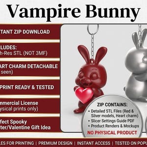 Puede incluir: Un archivo digital para descarga de un Vampire Bunny para impresión 3D. La imagen muestra un conejo rojo y uno plateado, cada uno sosteniendo un corazón, con texto detallando la descarga ZIP, archivos STL y licencia comercial para impresiones.