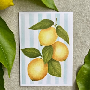 Lemons with Blue stripe Background Fine Art Botanical Greeting Card/Gift Card, Blank Gift Card,Boy gift card, Fruit Gift Card,Mothers Day