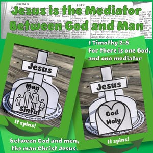 Könnte beinhalten: Ein religiöses Lehrmittel mit dem Text "Jesus ist der Mittler zwischen Gott und Mensch". Das Bild zeigt zwei Papierauschnitte mit dem Wort "Jesus" auf einem Kreuz und den Worten "Mensch Sünder" und "Gott Heilig".