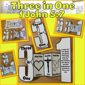 Puede incluir: Un collage de materiales educativos con el texto "Three in One" y "1 John 5:7". El diseño incluye las palabras "Three" y "One" en una fuente grande, junto con ilustraciones de un corazón, una cruz y una paloma.
