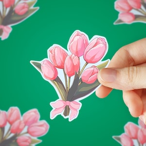 Pink Tulips Sticker | Cute Waterproof Vinyl Decal for Laptops, Water Bottles, Phone Cases | Scratch-Resistant & Dishwasher-Safe |