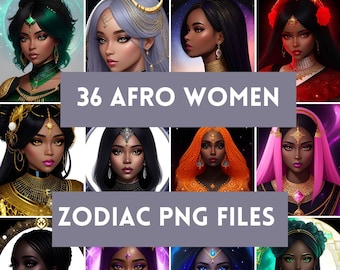 Afro Woman Zodiac PNG Clipart: 36 Black Girl Astrology Designs