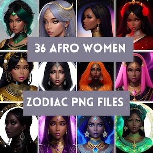 Afro Woman Zodiac PNG zwart meisje Zodiac clipart dierenriem canva sjabloon 36 dierenriem African American png zwart meisje sterrenbeelden