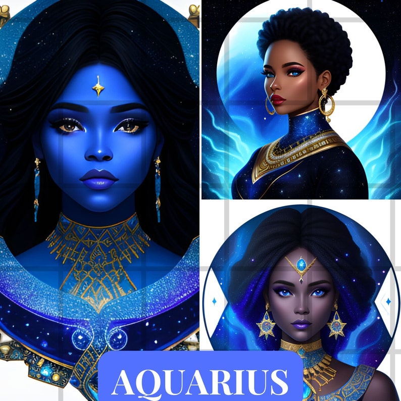 Pode incluir: Tr&ecirc;s ilustra&ccedil;&otilde;es digitais de mulheres com cabelo escuro e pele azul, usando joias de ouro e roupas azuis e douradas. O fundo &eacute; um c&eacute;u estrelado azul e preto. O texto "AQUARIUS" est&aacute; na parte inferior da imagem.
