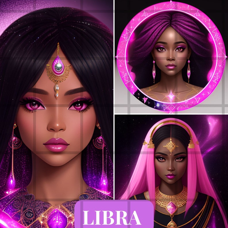 Pode incluir: Duas ilustra&ccedil;&otilde;es digitais de mulheres com detalhes rosa e roxo. A primeira mulher tem cabelo preto comprido e usa uma tiara roxa e dourada. A segunda mulher tem cabelo rosa e usa uma tiara dourada. Ambas as mulheres usam joias e t&ecirc;m um fundo roxo. O texto "LIBRA" est&aacute; na parte inferior da imagem.