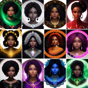 Pode incluir: Uma colagem de arte digital de doze mulheres com diferentes penteados, tons de pele e roupas. Cada mulher &eacute; cercada por um halo colorido com uma estrela no centro. As mulheres est&atilde;o todas olhando para o espectador.