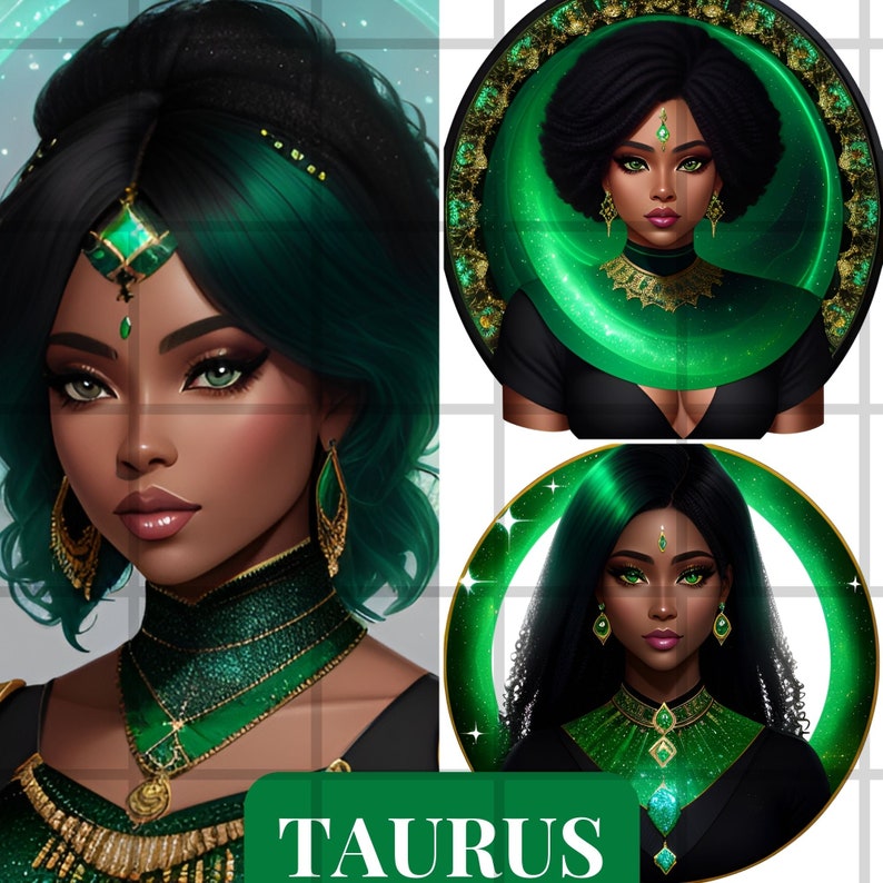 Pode incluir: Ilustra&ccedil;&atilde;o digital de uma mulher com cabelo verde escuro e um traje preto adornado com joias douradas e verdes. O fundo apresenta um design de lua crescente verde e dourada. O texto "TAURUS" &eacute; exibido na parte inferior da imagem.