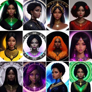 Pode incluir: Uma colagem digital de 10 retratos de mulheres com pele escura, cada uma com um penteado e acess&oacute;rios diferentes. As mulheres s&atilde;o retratadas em fundos variados, incluindo um c&eacute;u estrelado, uma floresta verde e uma gal&aacute;xia roxa. Cada mulher usa uma roupa diferente, incluindo um vestido verde, um vestido azul e um vestido vermelho. As mulheres olham todas para o espectador com uma express&atilde;o confiante.