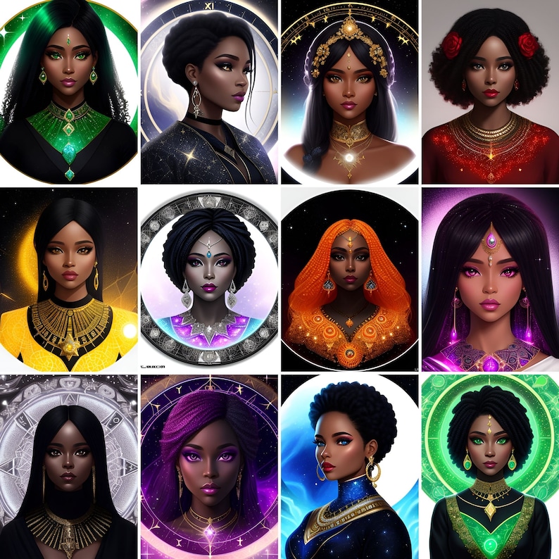 Pode incluir: Uma colagem digital de 10 retratos de mulheres com pele escura, cada uma com um penteado e acess&oacute;rios diferentes. As mulheres s&atilde;o retratadas em fundos variados, incluindo um c&eacute;u estrelado, uma floresta verde e uma gal&aacute;xia roxa. Cada mulher usa uma roupa diferente, incluindo um vestido verde, um vestido azul e um vestido vermelho. As mulheres olham todas para o espectador com uma express&atilde;o confiante.