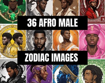 Signo do Zodíaco Masculino Afro-Americano PNG: 36 Gráficos de Astrologia (Editáveis no Canva)