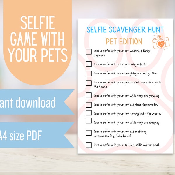 Selfie scavenger hunt printable for kid and pet fun activity idea for birthday party animal theme creative game idea for family bonding