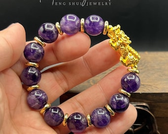 Handmade Amethyst Pixiu Bracelet: 24k Gold Filled Fortune Charm, Feng Shui Talisman