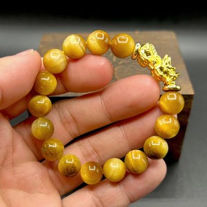 Bracelet doré oeil de tigre Pixiu : breloque en or 24 carats, bijoux Feng Shui, perles de 10 mm