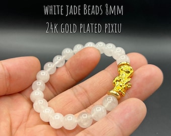 White Jade Pixiu Bracelet: 24k Gold Filled Charm, Feng Shui Jewelry, 8mm
