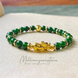 Bracelet Pixiu en jade vert : breloque en or 24 carats, bijoux Feng Shui, perles de 8 mm