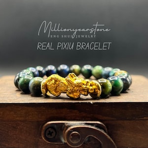 Pixiu Tiger Eye Bracelet: 24k Gold Filled Charm, Feng Shui Wealth Symbol, 8mm beaded
