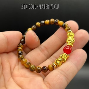 Tiger Eye Pixiu Bracelet: 24k Gold Filled Charms, Feng Shui Jewelry, 6mm beaded
