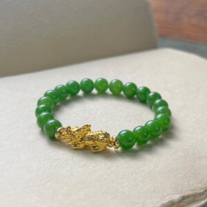 Pixiu Bracelet with Green Jade | 8mm Natural Beads | 24k Gold-Plated Charm | Feng Shui bracelet wishing prosperity & wealth