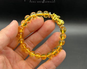 Natural Citrine Beaded Bracelet: 24k Gold Filled Pixiu Charm, Feng Shui Good Fortune Talisman