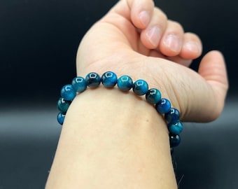 Handmade Blue Tiger's Eye Bracelet: 8mm Gemstone Quartz Beads