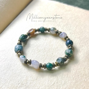 India Agate Bracelet with Brass Accents | Natural Rough India Agate Beads | Wood Energy Bracelet