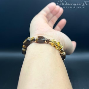 Pixiu bracelet with Tiger Eye | 24k Gold-Plated Charm | 9x12mm and 6mm Natural beads | Feng shui Bracelet wishing focus & wealth