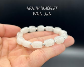 Bracelet en jade blanc fait main : design minimaliste en perles carrées