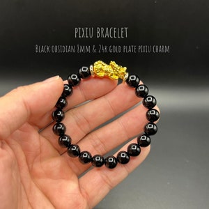Pixiu Bracelet with Black Obsidian | 8mm Natural Beads | 24k Gold-Plated Charm | Feng Shui bracelet wishing protection & wealth