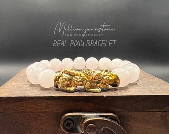 Natural White Quartz Pixiu Bracelet: 24k Gold Filled Charm, Feng Shui Wealth Symbolism