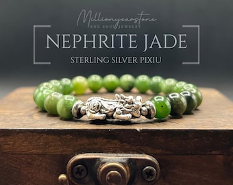 Natural Nephrite Jade Pixiu Bead Bracelet: Sterling Silver Charm, Feng Shui Wealth Talisman
