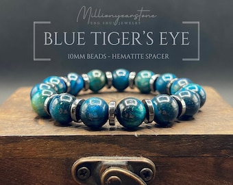 Handmade Blue Tiger's Eye Bracelet, 10mm Hematite Accents, Men's Stone Jewelry