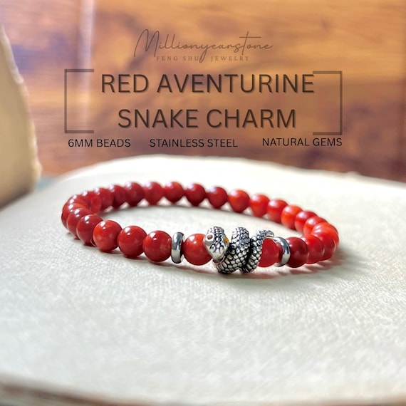 Red Aventurine Snake Charm Bracelet: Handmade Feng Shui Jewelry, 6mm beaded