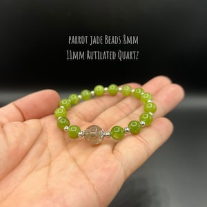 Parrot Jade, Rutilated Quartz Bracelet | 8mm Parrot Jade and 10mm Rutilated Quartz Beads | Prosperity & Harmony