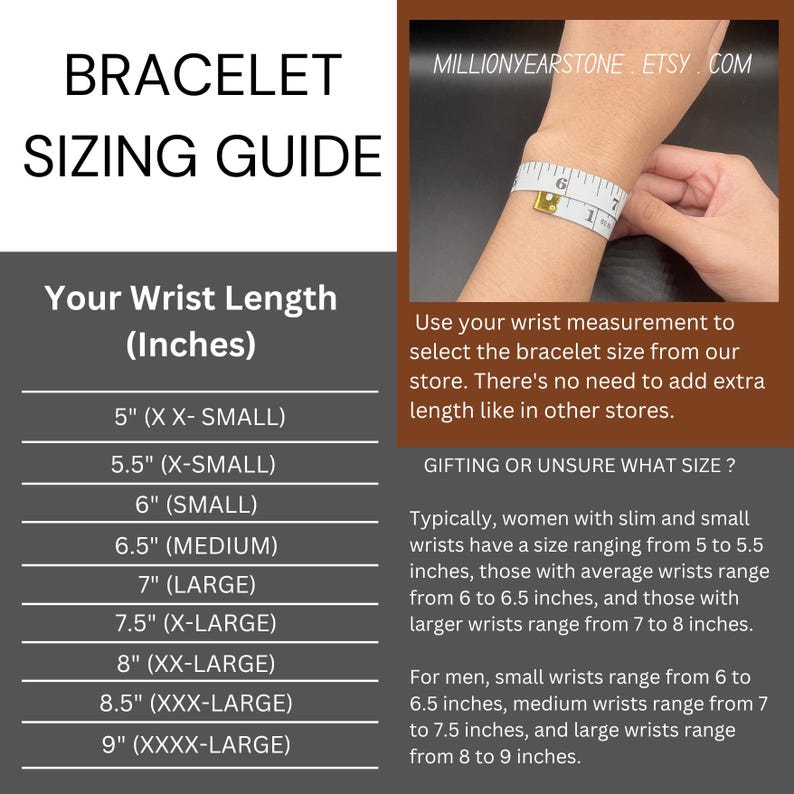 May include: Bracelet sizing guide with wrist length measurements in inches. Includes sizes from 5" (X-Small) to 9" (XXXX-Large). Text advises using wrist measurement to select bracelet size. Also includes size suggestions for women and men.