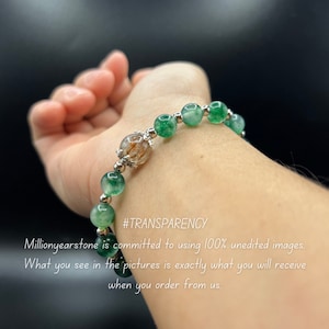 Green Jade Bracelet with Rutilated Quartz Charm | 8mm Natural Green Jade Beads with 10mm Brown Rutilated Quartz |Prosperity & Harmony