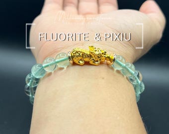 Natural Fluorite Pixiu Bracelet: 8mm Beads, Gold Filled Charm, Feng Shui Good Fortune