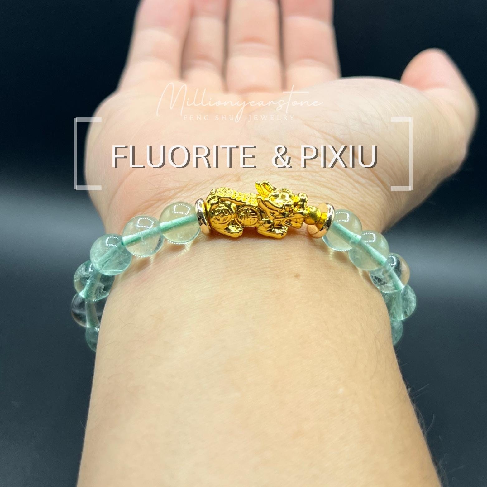 天然フローライト貔貅ブレスレット：8mmビーズ、ゴールドフィルド 