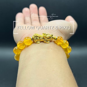 Pixiu Yellow Quartz Bracelet: 24k Gold Filled Charm, Vietnamese Feng Shui, 10mm beaded
