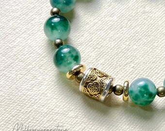Vietnamese Green Jade Bracelet: Gold Lucky Charm, 10mm Jadeite
